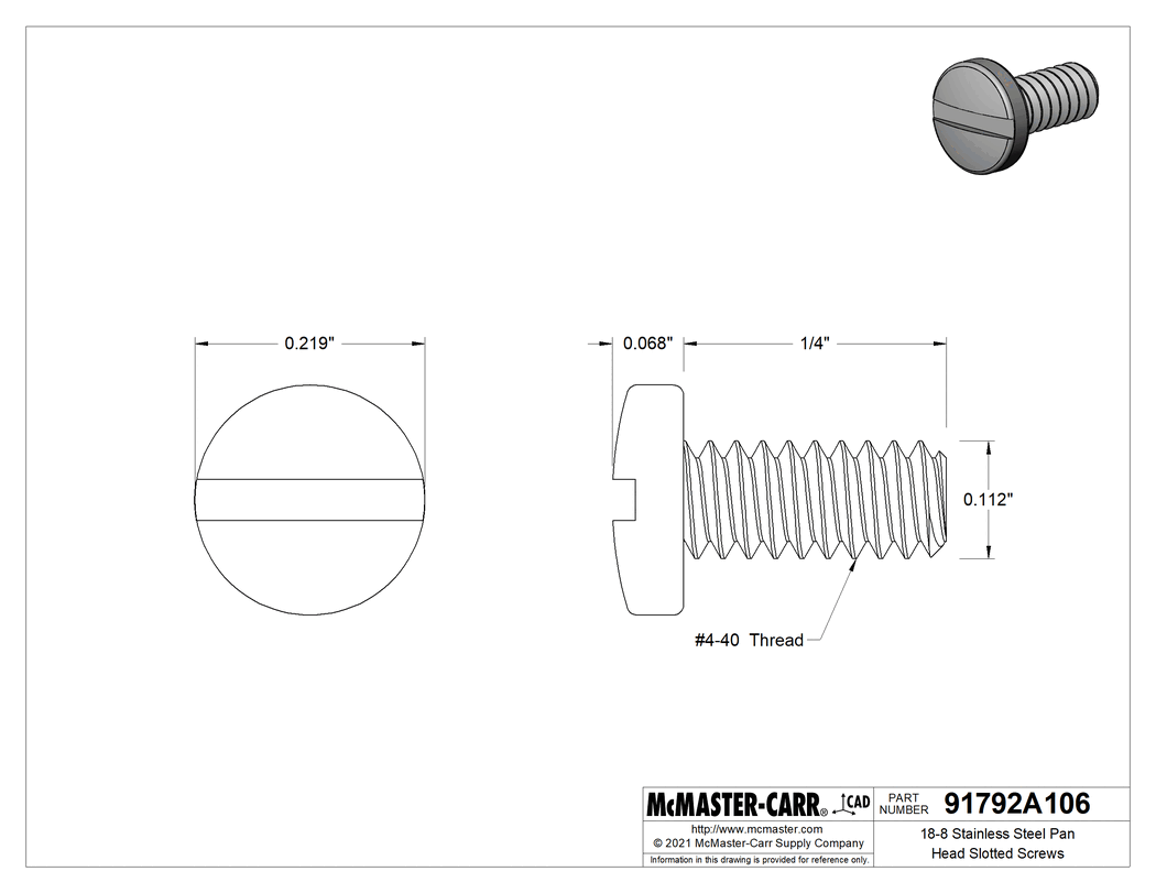 Technical Drawing of 18-8 Stainless Steel Pan Head Slotted Screws, 4-40 Thread Size, 1/4" Long.
